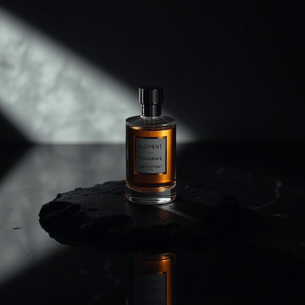Luxury perfume bottle on obsidian, raking studio light.