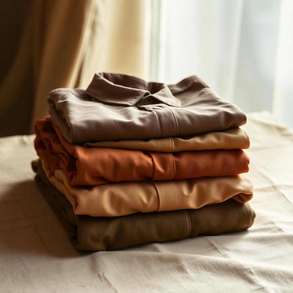 Folded designer clothing in warm window light.