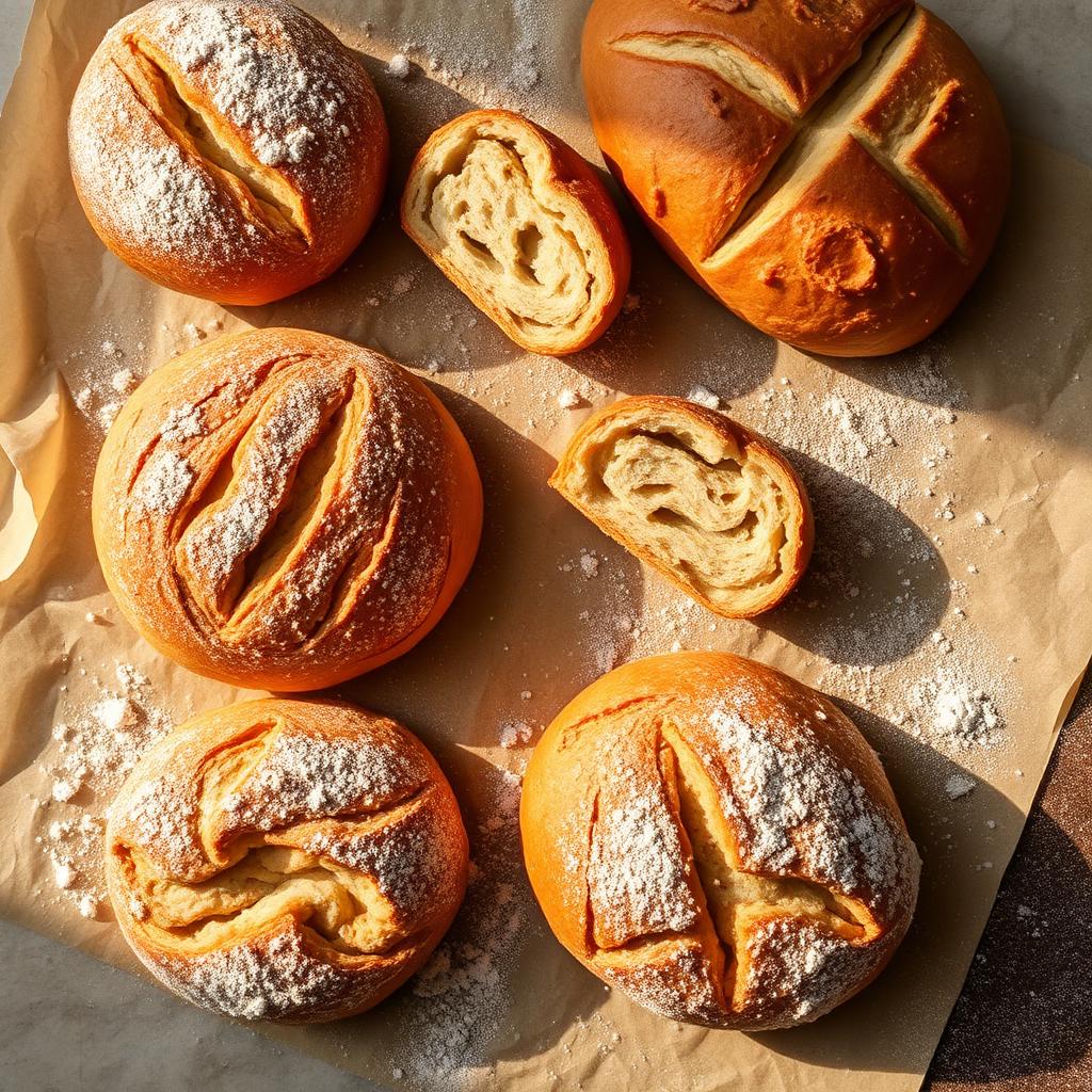 Overhead artisan bakery flat-lay on parchment.