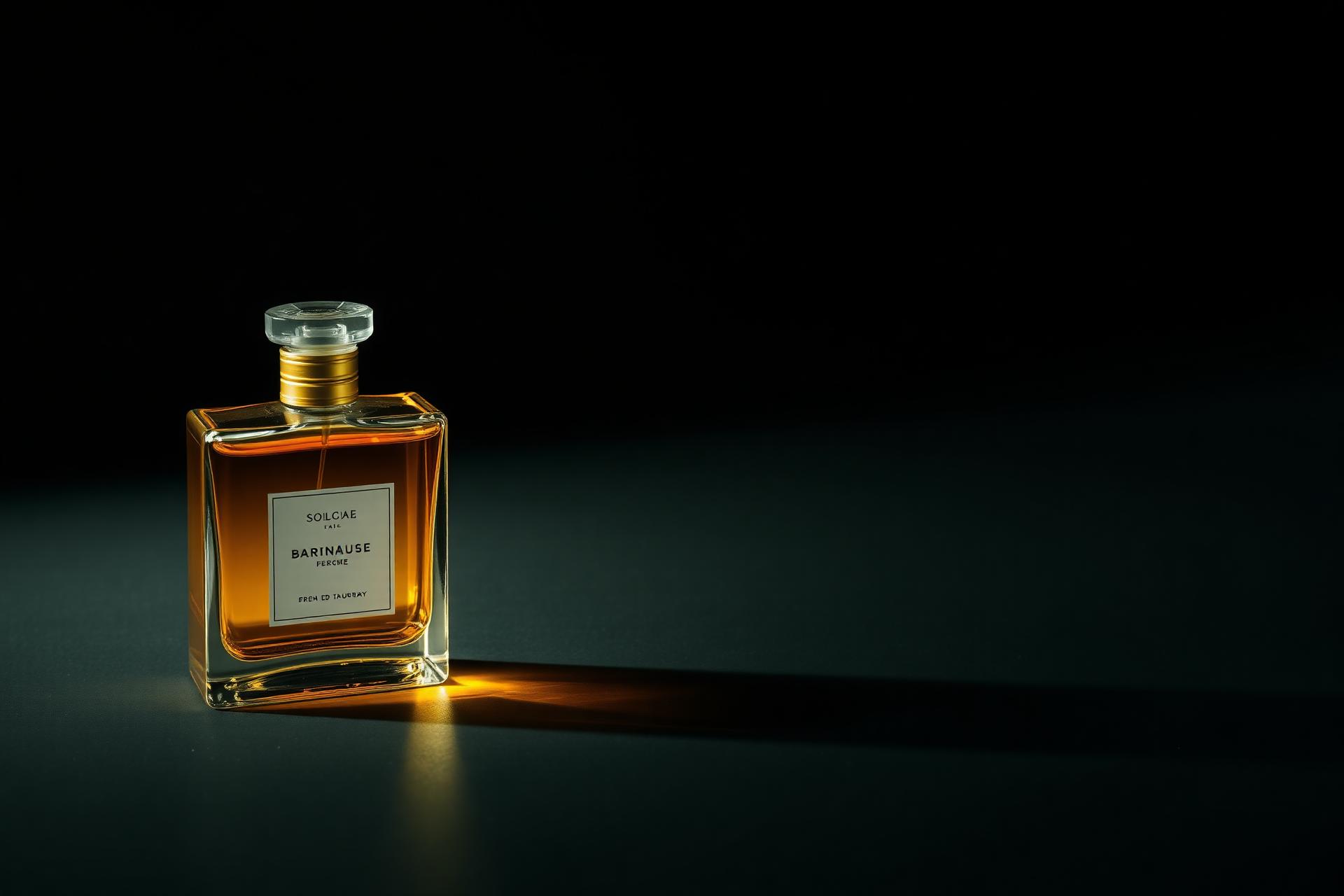 Cinematic still-life of a luxury perfume bottle in raking studio light.