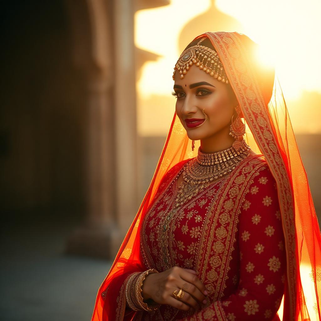 South Asian bride in red and gold couture at golden hour.