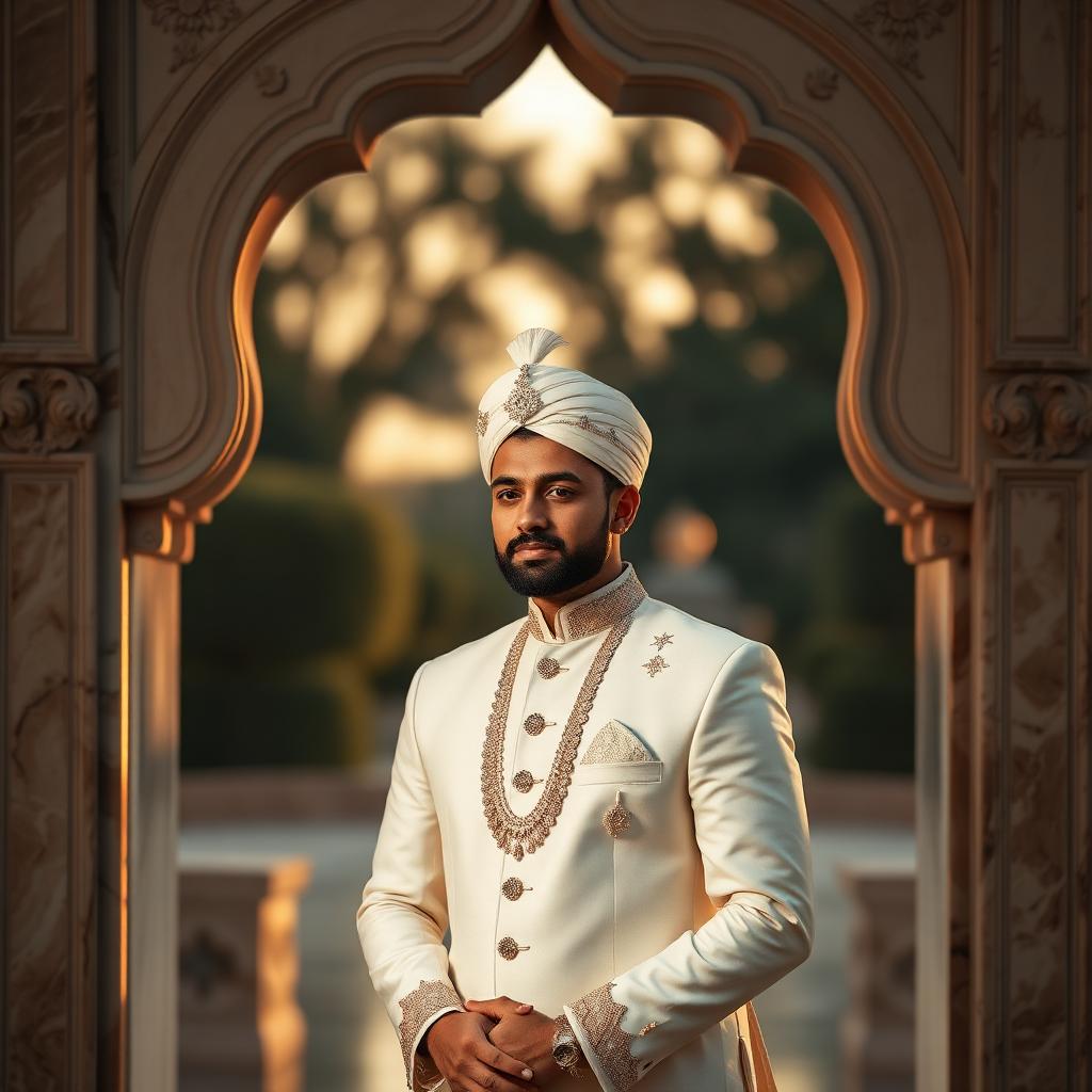 Groom portrait in ivory sherwani framed by carved marble arch.