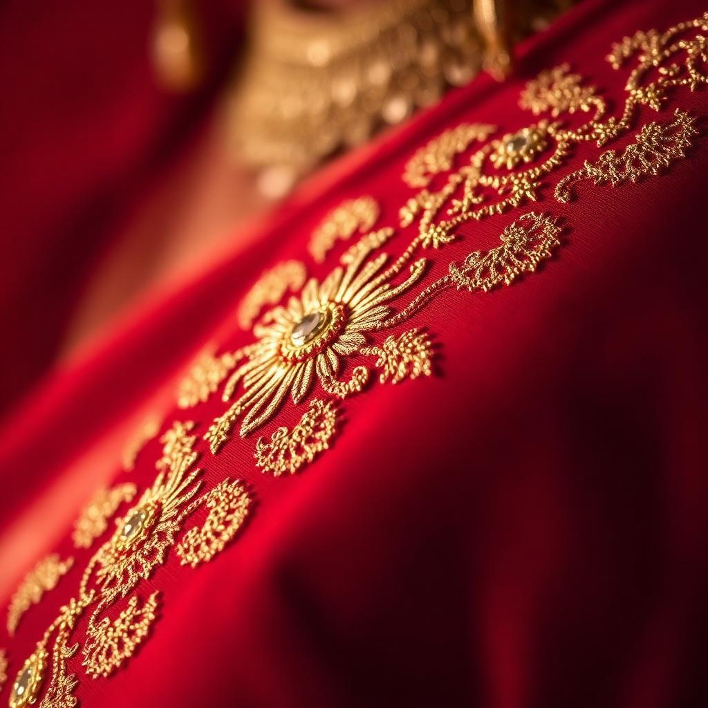 Macro detail of gold zardozi embroidery on red silk.