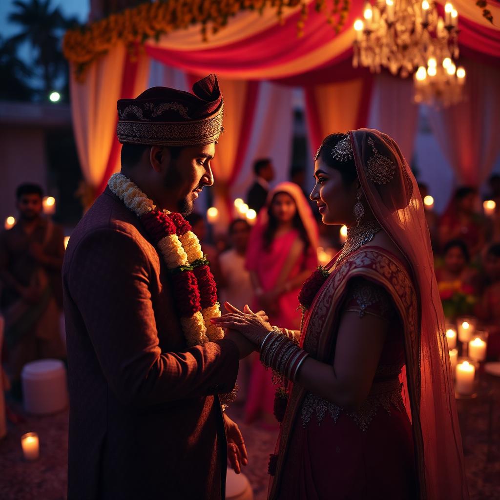 Wedding ceremony wide shot with marigolds and warm ambient light.